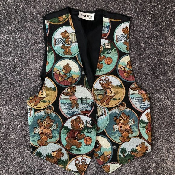 Mirrors Tops - Vintage Facets Vest Womens Medium Tapestry 1980's Teddy Bear Print USA Made